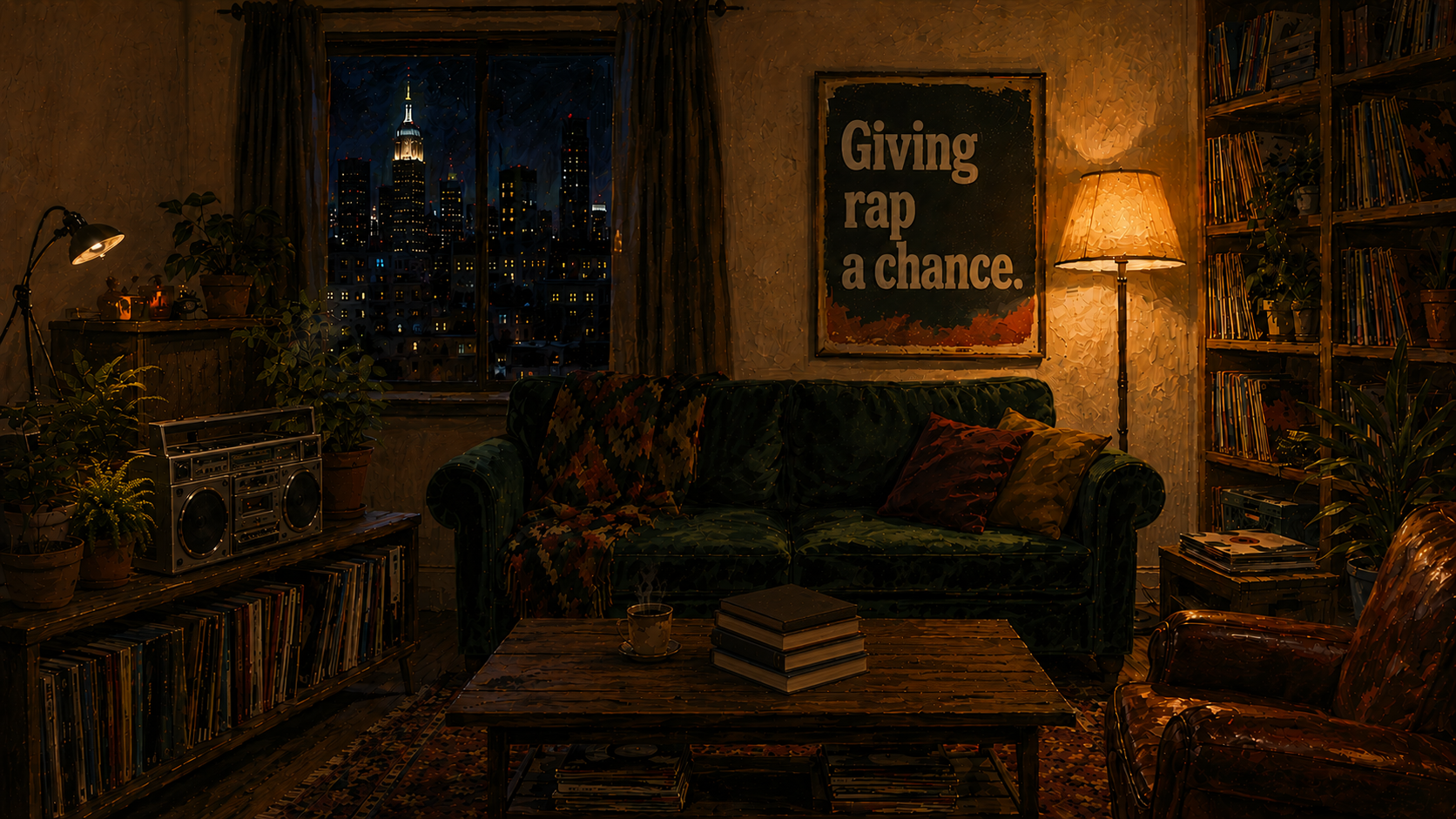 A dim, cosy living room at night: a record-lined wall, a green velvet couch beneath a window onto the city skyline, a coffee table with books and a steaming cup, a boombox, a glowing lamp, a 'Giving rap a chance' poster, and a leather armchair.